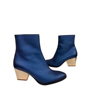 Zoe Lee Women's Bootie 38.5 Blue Metallic Gold Heeled Side Zip Ankle Boot 55129